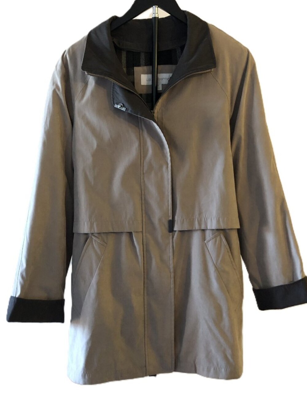 Liz Claiborne Coat Mid-Length Jacket Plaid Lining Zip Snap Button Taupe Size M - Picture 8 of 16